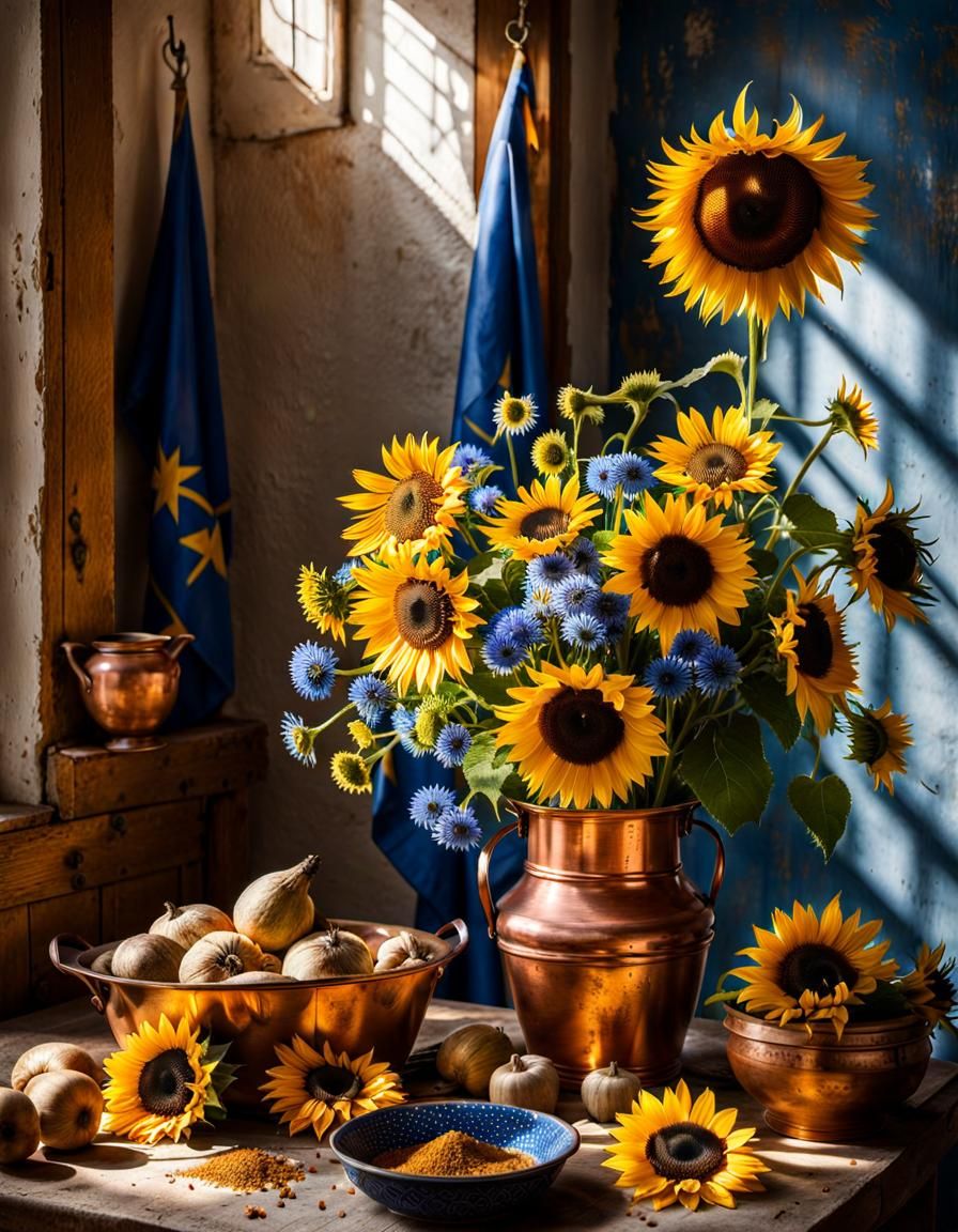 Sunflowers and Delft Blue Flowers by Window