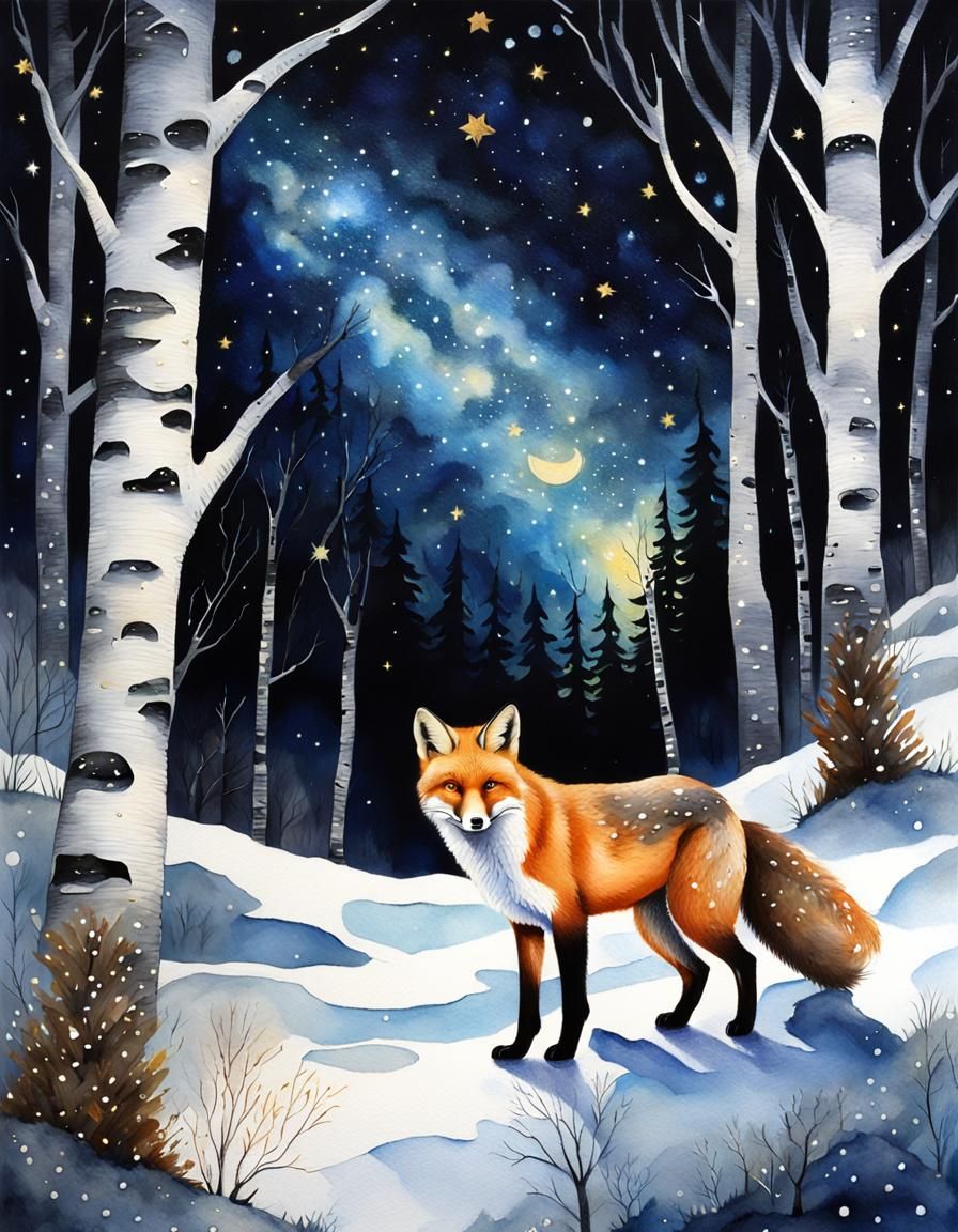 Fox in Snowy Forest: A Watercolor Storybook Scene