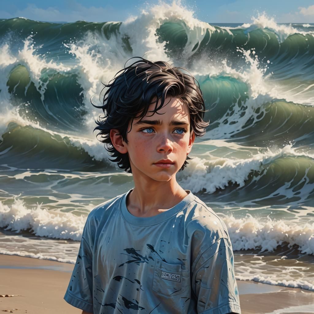 Boy on Stormy Beach: Hyperrealistic Digital Art