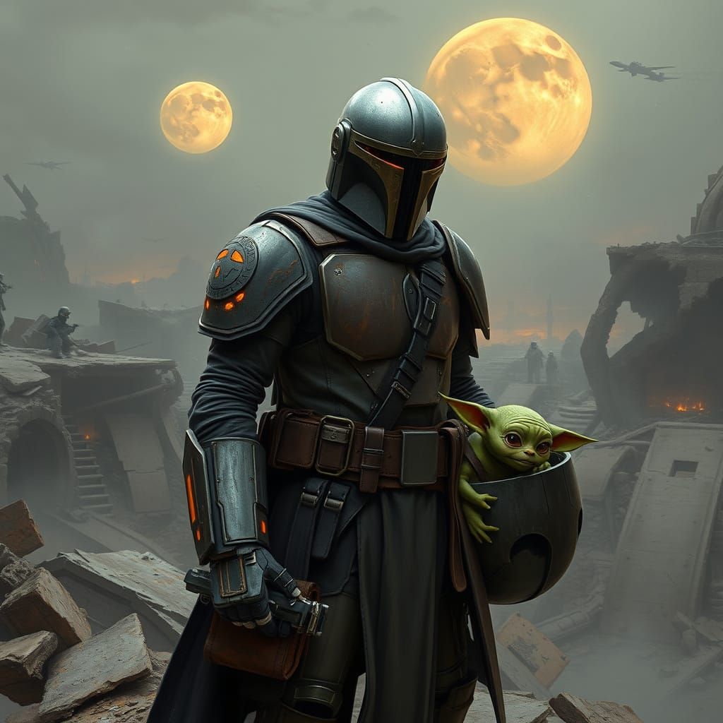 Mandalorian Warrior Stands Amidst Ruins of Beskar Shadows