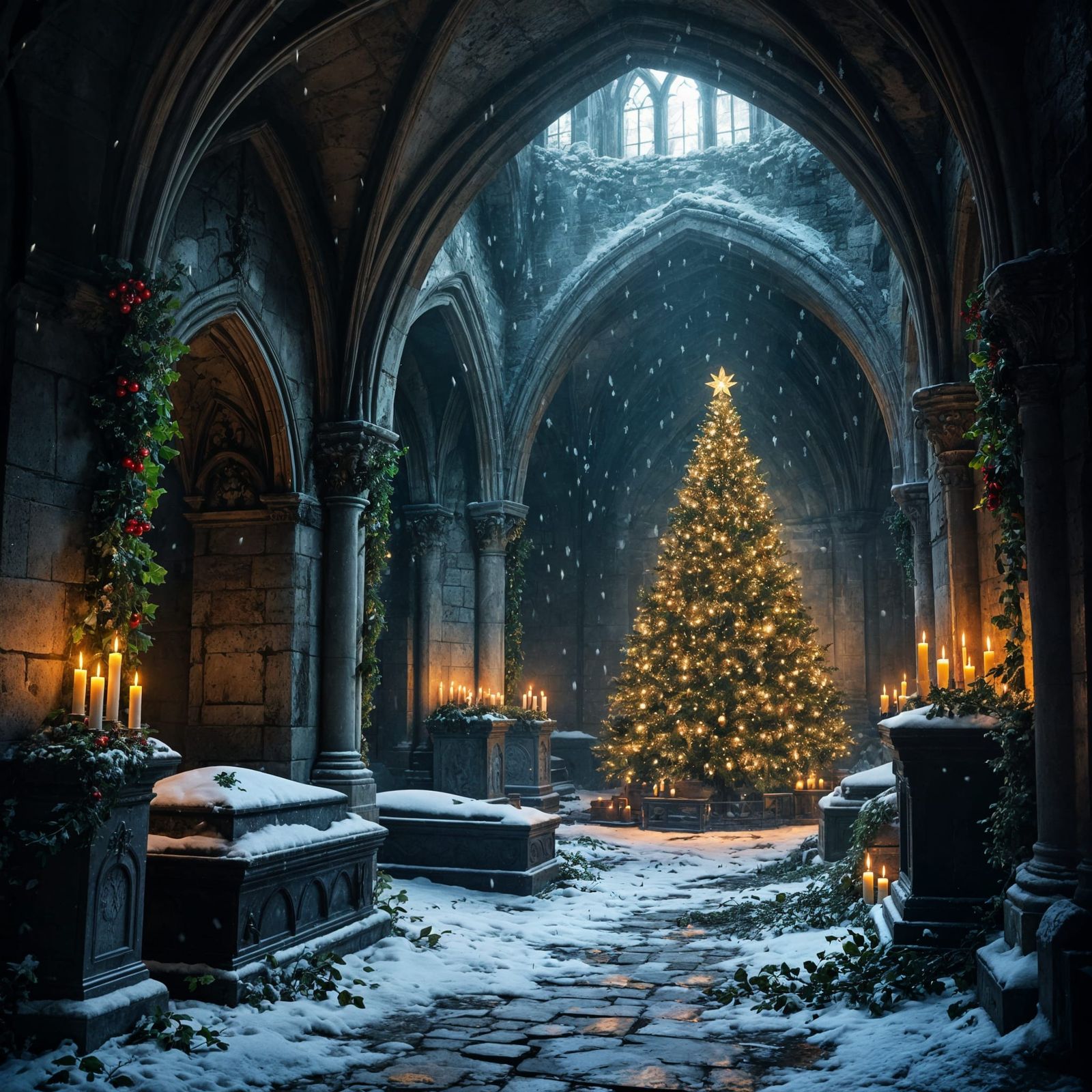 Gothic Crypt Christmas Scene with Snow