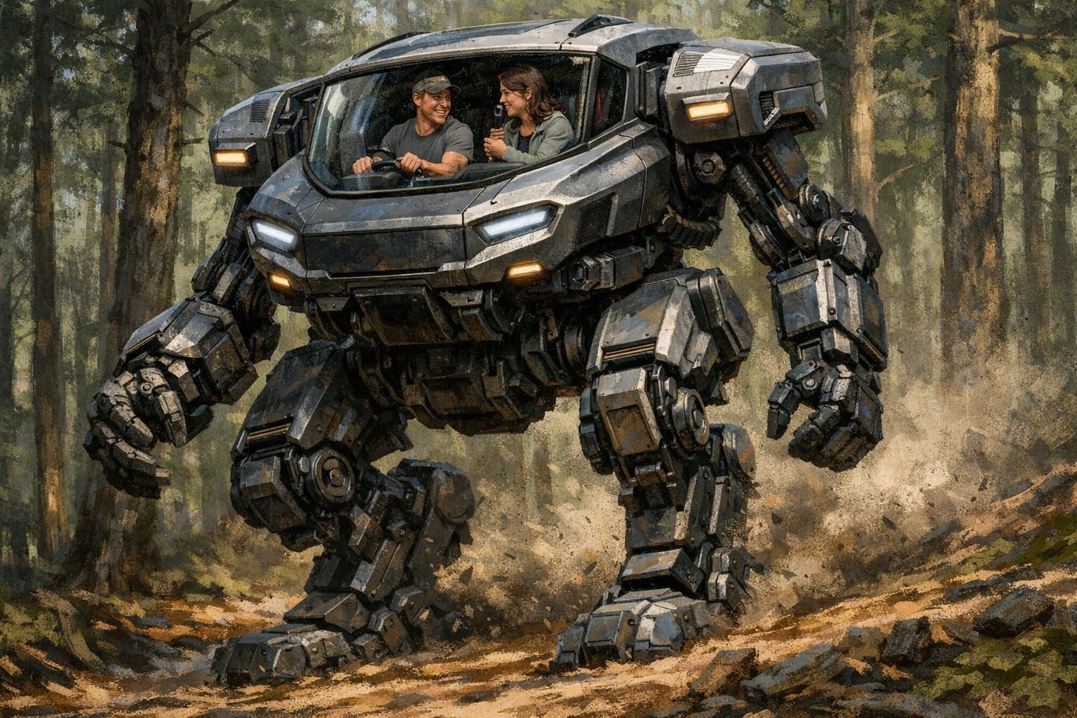 Mech Off-roader in Forest, Painterly Style