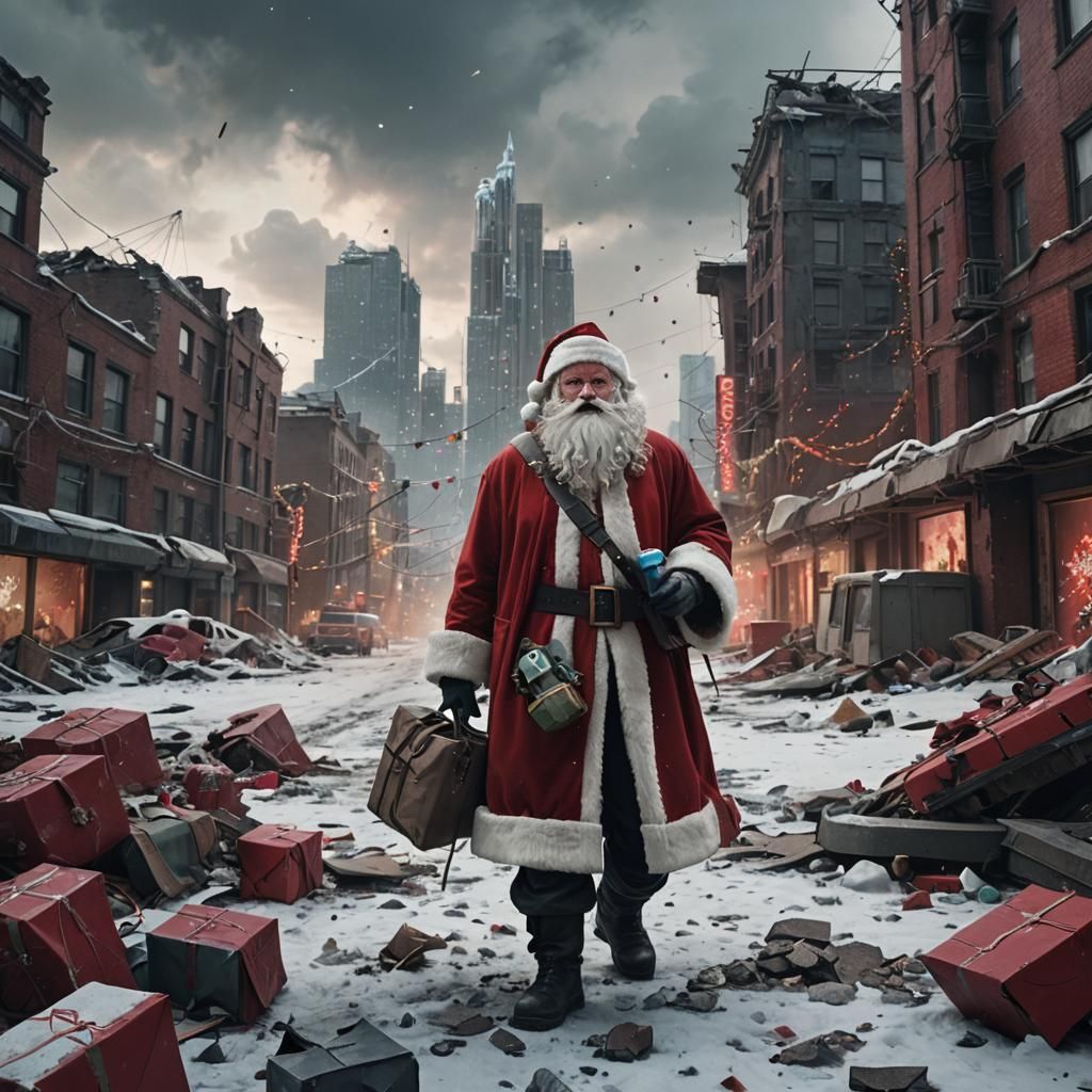 {
"prompt": "Hyperrealistic Santa Claus on a ruined city landscape, surrounded by snowy debris and broken Christmas li...