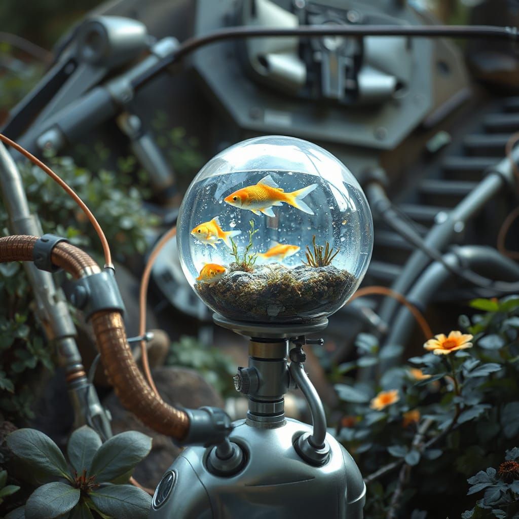 Futuristic Robot with Goldfish Aquarium Head in Ethereal Gar...