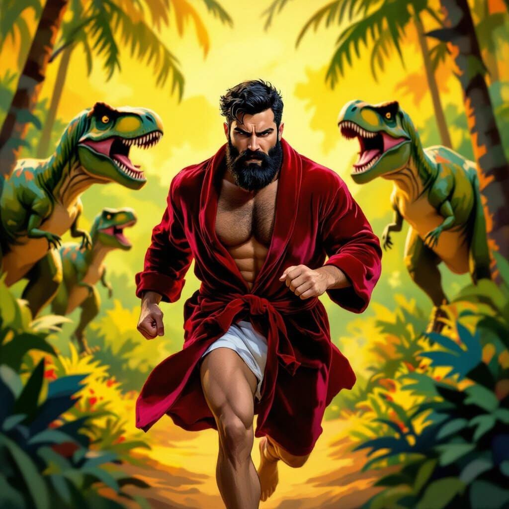 Hirsute Man Flees Jungle With Dinosaurs, Neo-Impressionist S...