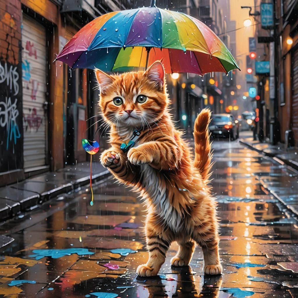 Ginger Kitten in Rainy Street Art Scene