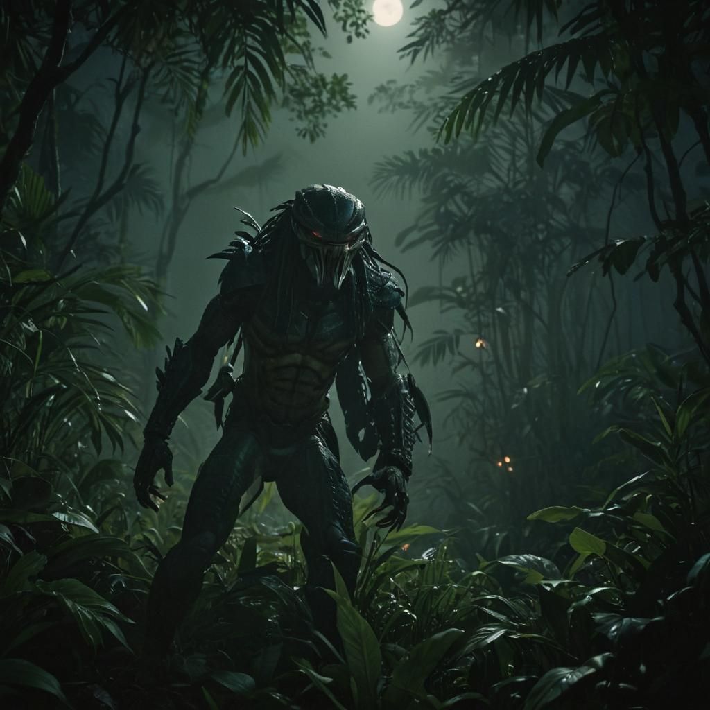 Predator Hunts in Misty Jungle, Film Noir Aesthetic
