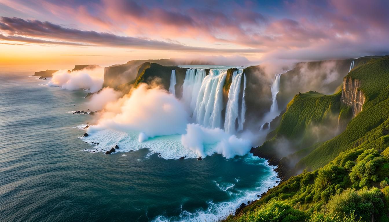 Ethereal Waterfall Cascading from Clouds into Ocean