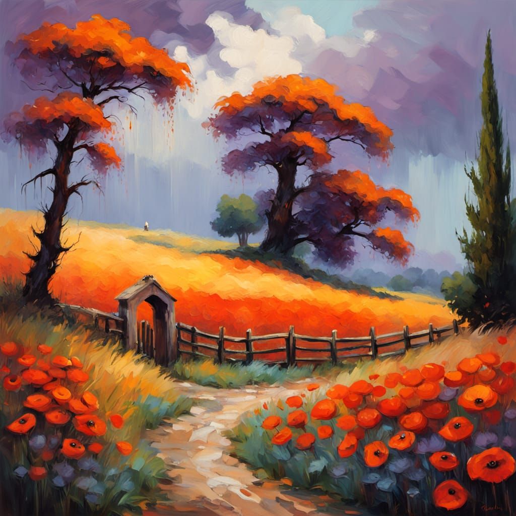 Cypress Tree in Impressionist Oil Painting