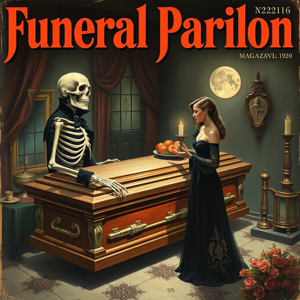 Vintage Magazine Cover: Skeleton Casket Salesman