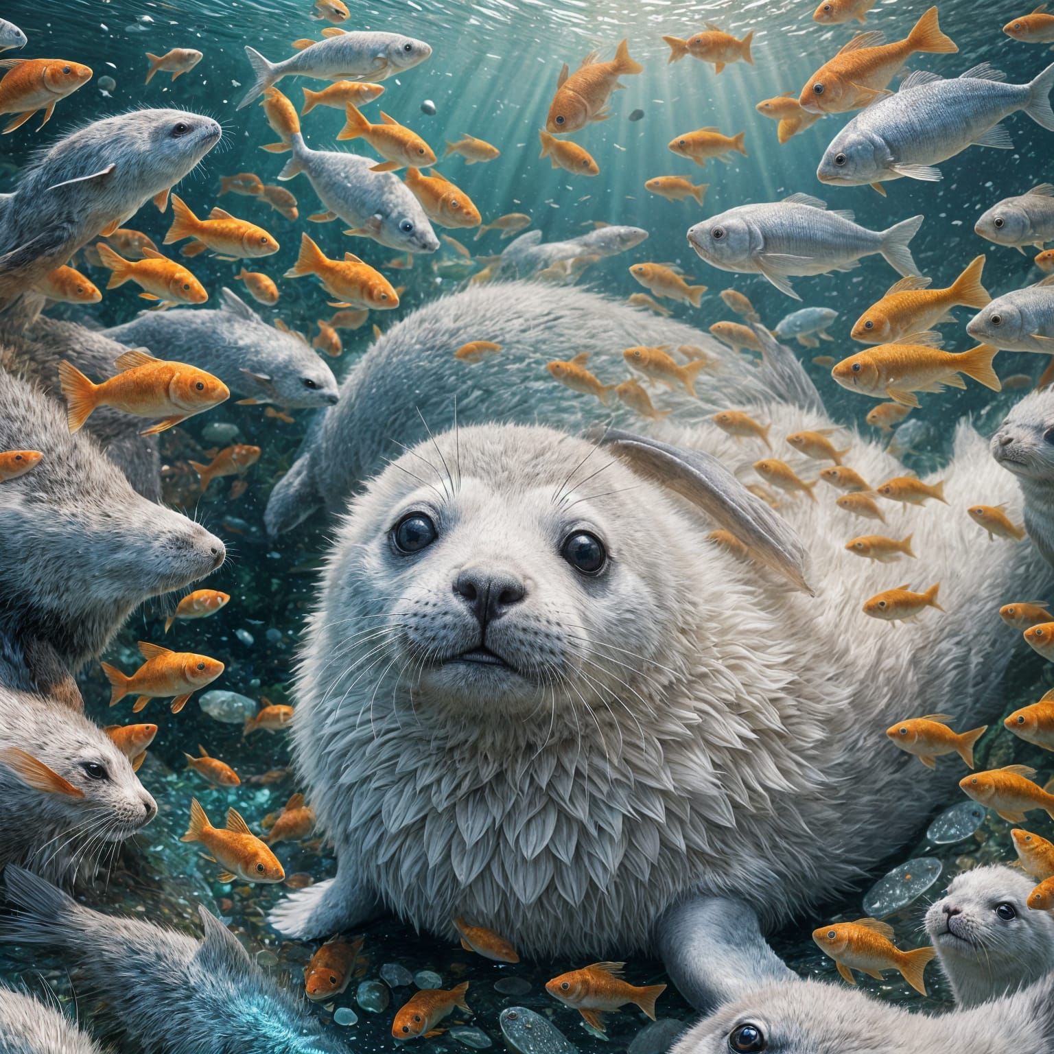 Baby Seal Reflects Fishes: Fantasy Concept Art