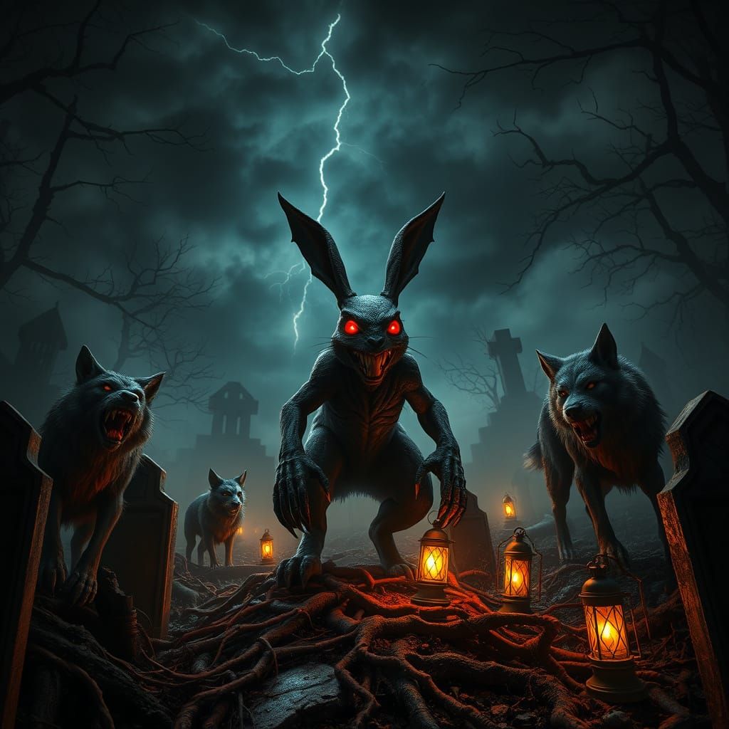 Eerie Cemetery at Night with Terrifying Rabbit