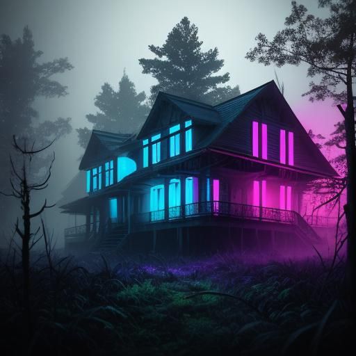 Synthwave Haunted Houses in Neon Retro Style