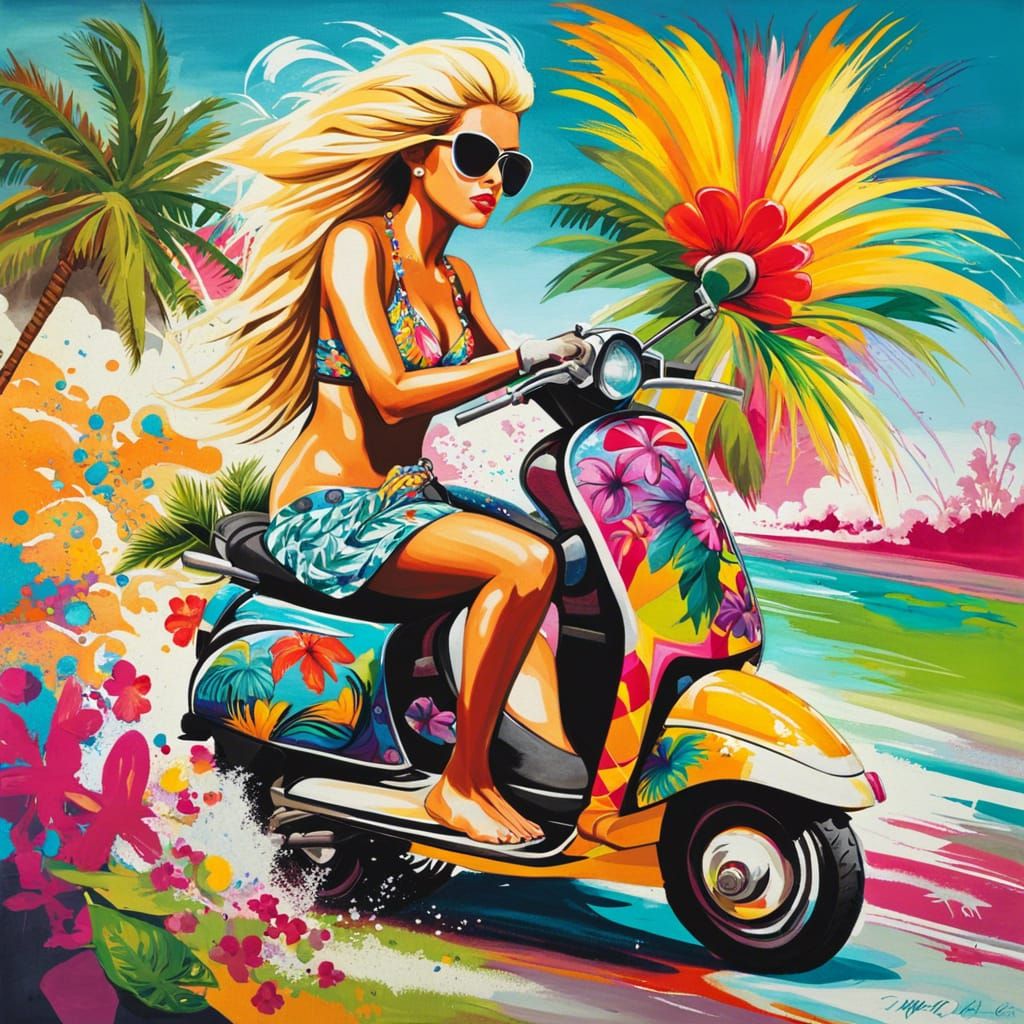 Hawaiian Woman on Moped: Graffiti Street Art