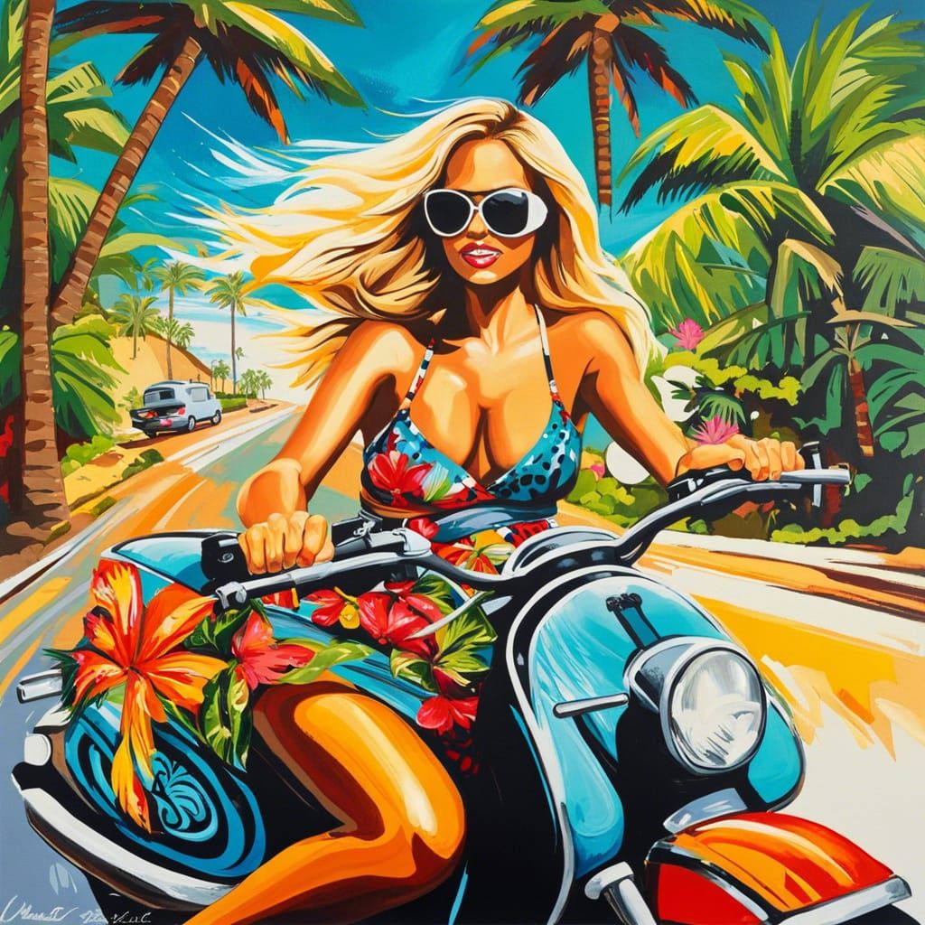 Hawaiian Woman on Moped: Graffiti Street Art