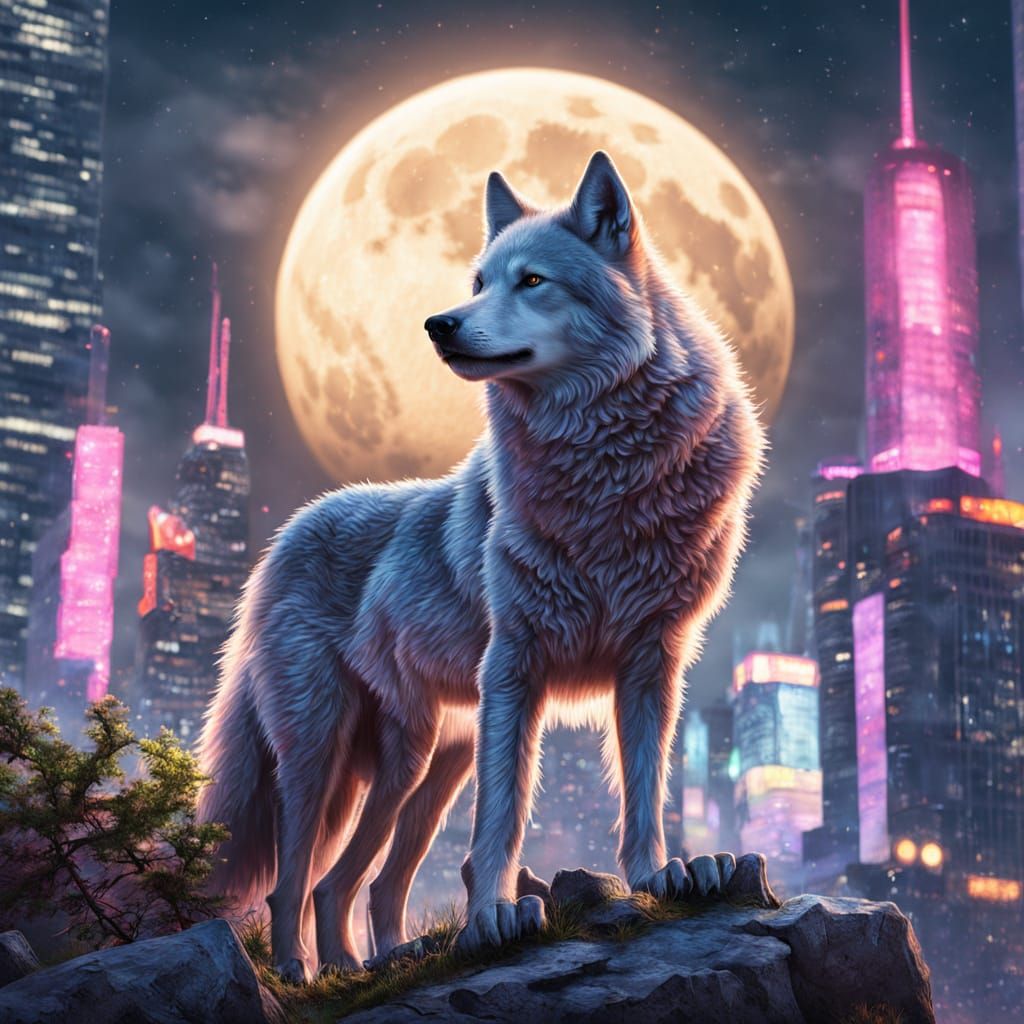 Cyberpunk Wolf Howls at Moon: Photorealistic Digital Art