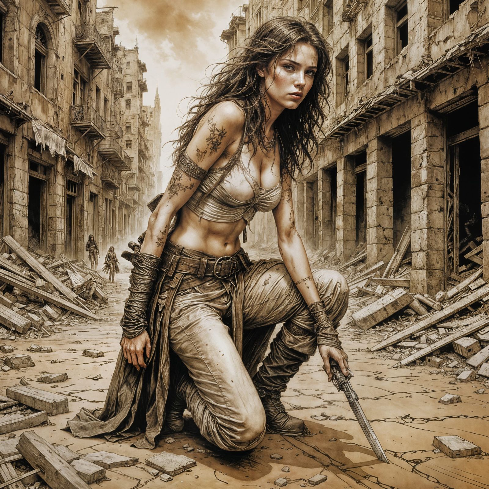 Adventuress Crawling Through Ruined City, Sepia Illustration