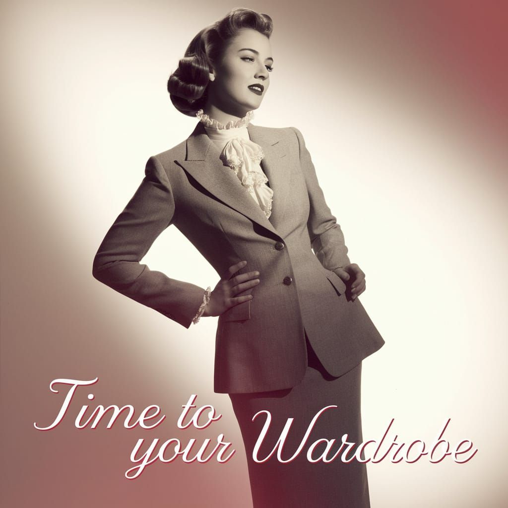 Elegant Woman in 1950s Grey Suit and Frill Neck Shirt