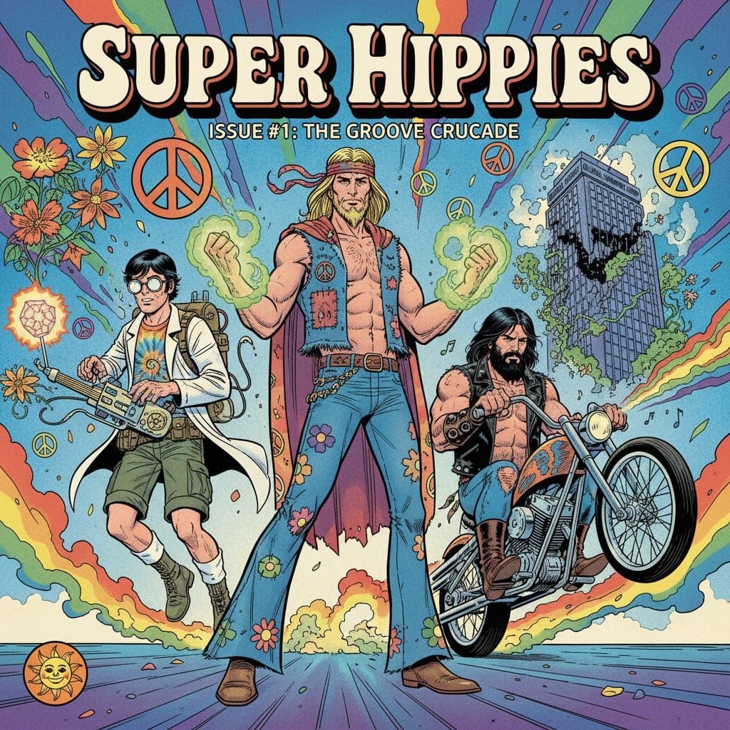 Super Hippies Comic Cover Featuring Three Heroes