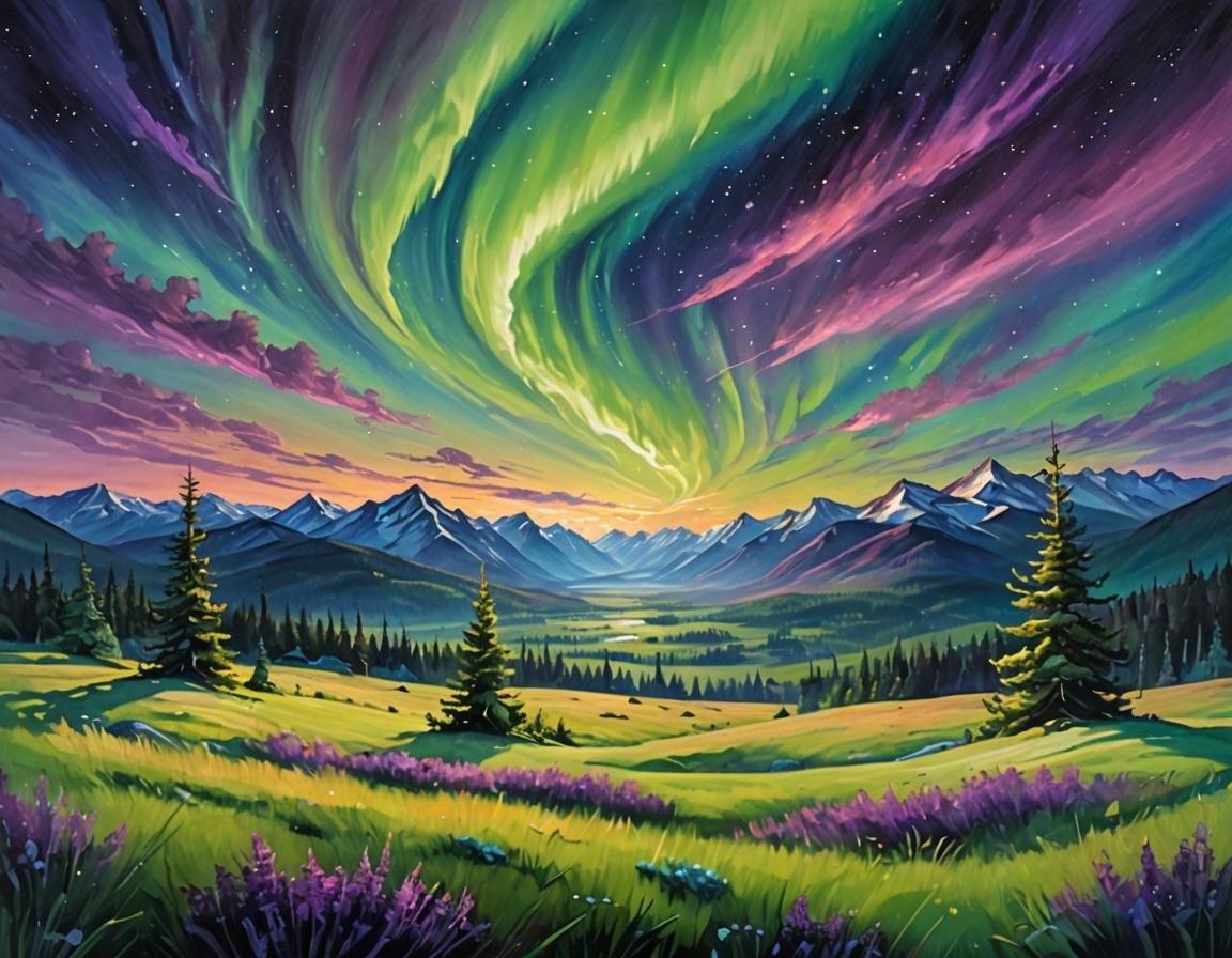 Ethereal Aurora Borealis Over Alpine Meadow as Oil Painting