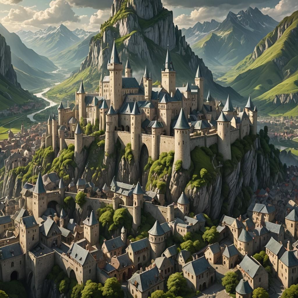 Epic Medieval City with White Walls and Mountains
