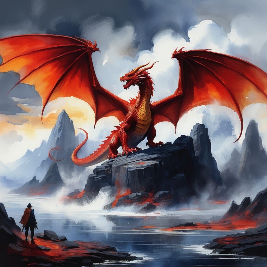 Vibrant Crimson Dragon Soars Over Basalt Plateau