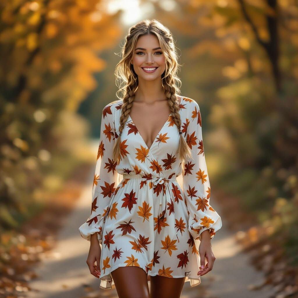 Smiling Woman in Autumn Dress and Leather Leggings