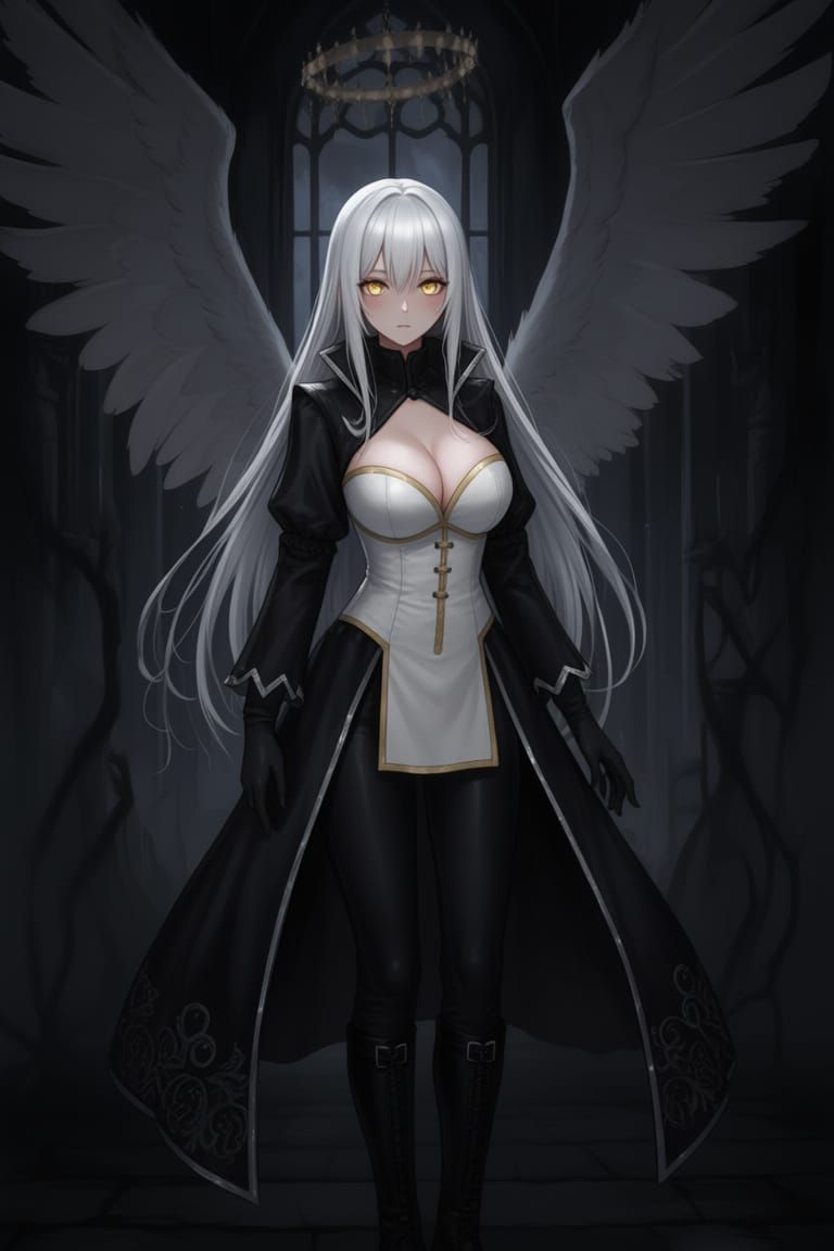 Elegant Gothic Figure with White Hair and Gold Eyes