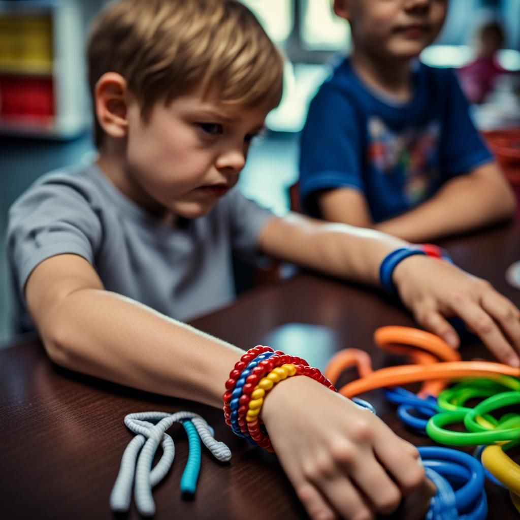 Boy in Kindergarten with Plastic Bracelet