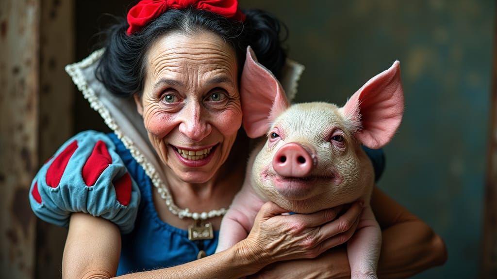 Decrepit Snow White Holding Lipstick Pig
