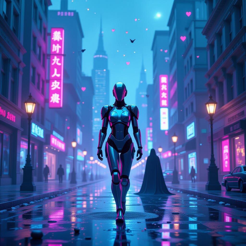 Chrome Figure in Shattered Cyberpunk Multiverse