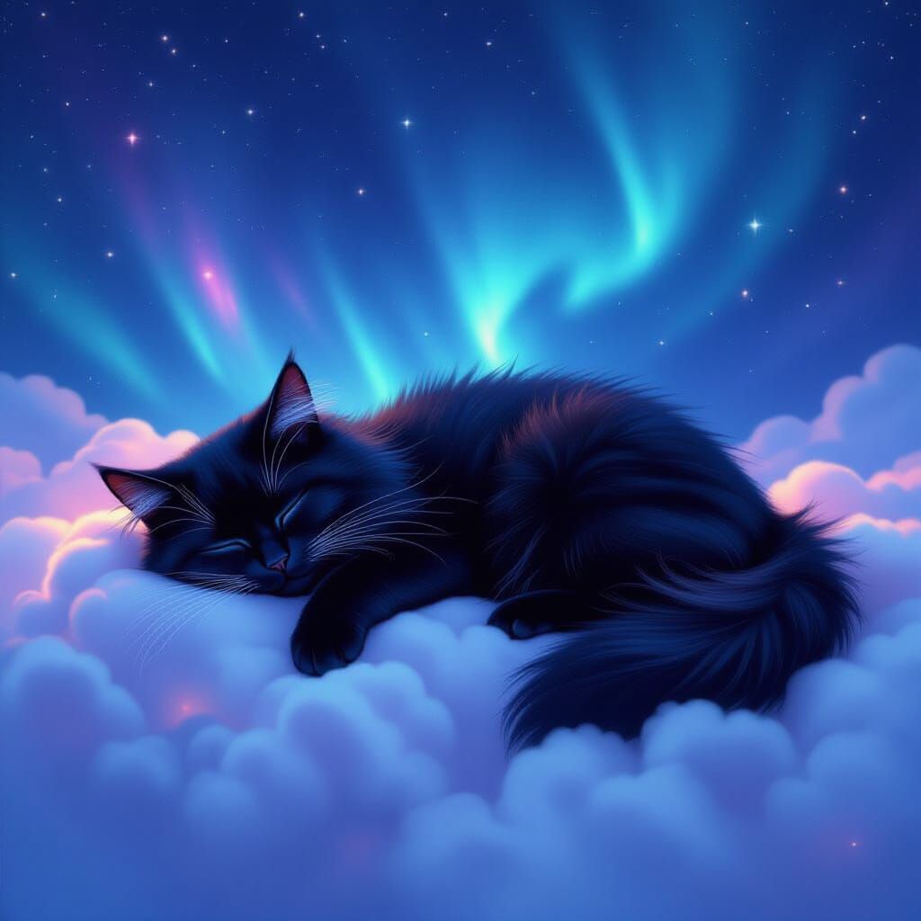 Cosmic Black Cat Sleeps on Ethereal Cloud