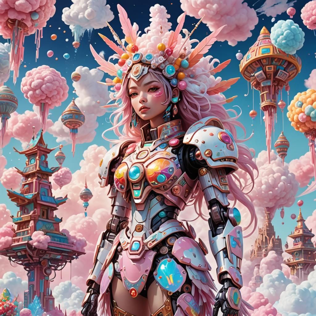 Candy-Coated Mecha Girl in Aztec Robotic Exoskeleton