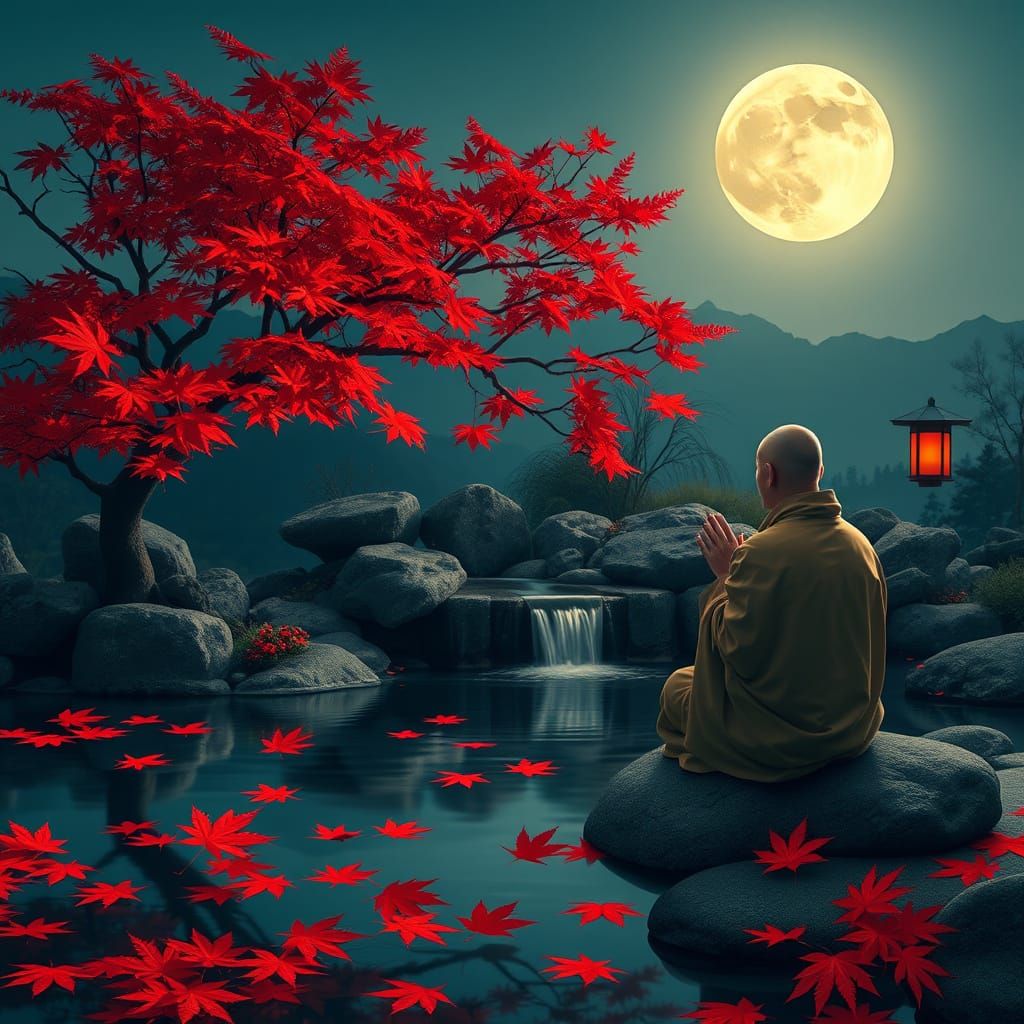 Zen Garden Meditation Under Moonlight