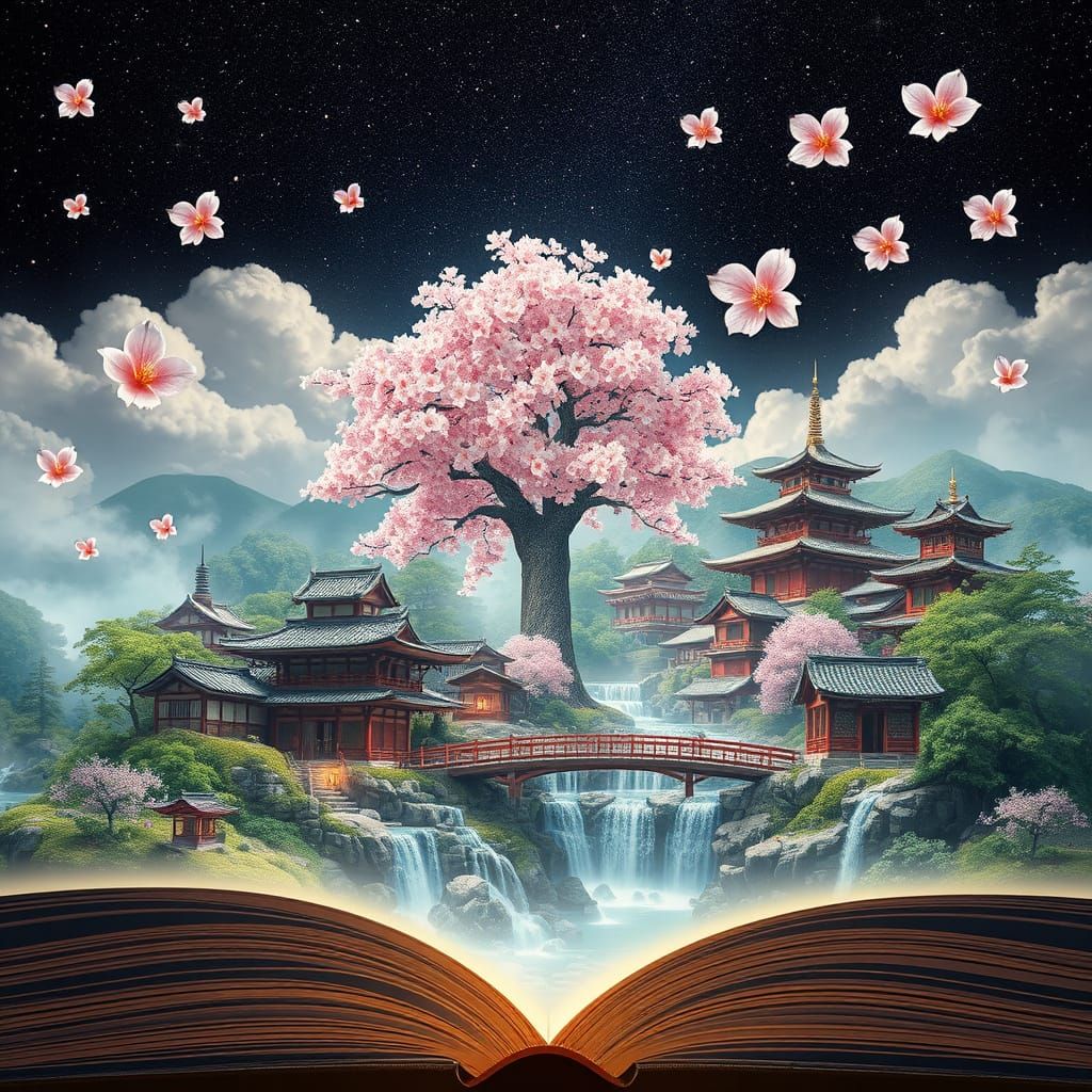 Sakura Village Unfolds within Glowing Book