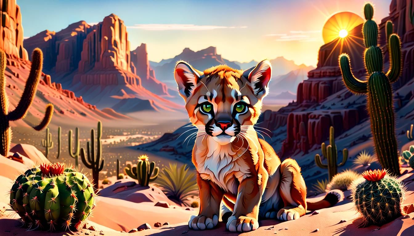 Cute Puma Cub at Desert Canyon Sunset