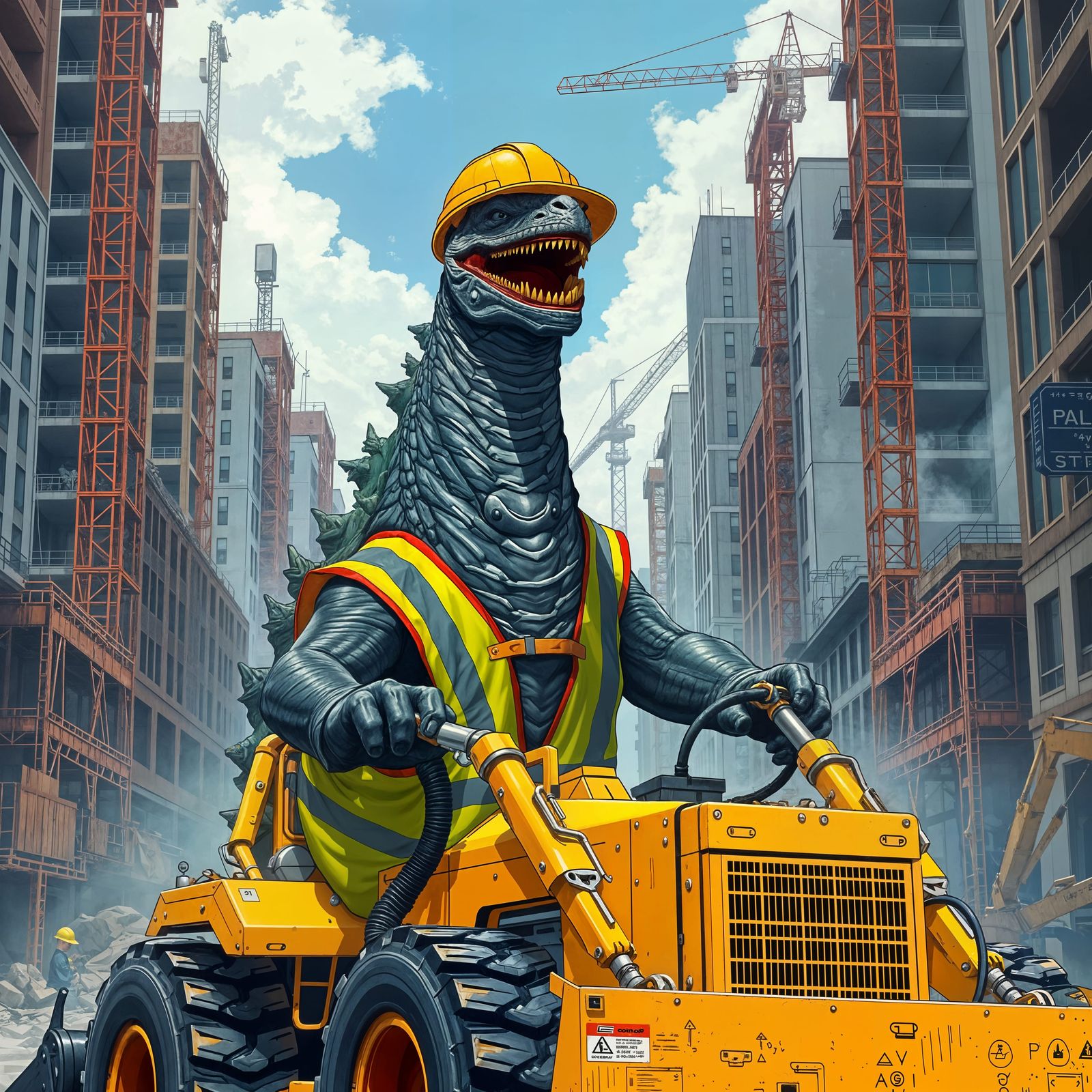 Godzilla as Construction Worker in Industrial Landscape