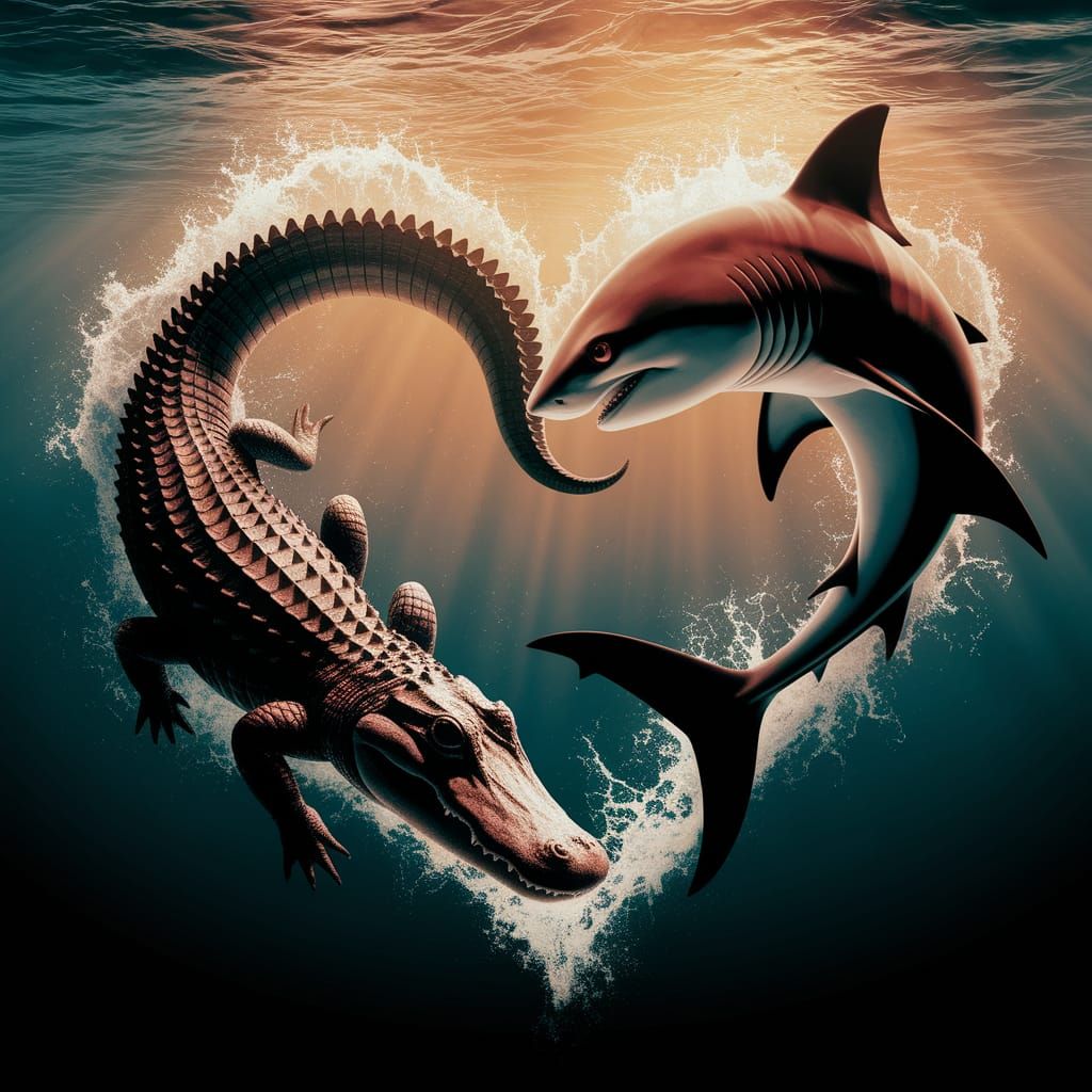 Alligator and Shark Create Heart Underwater