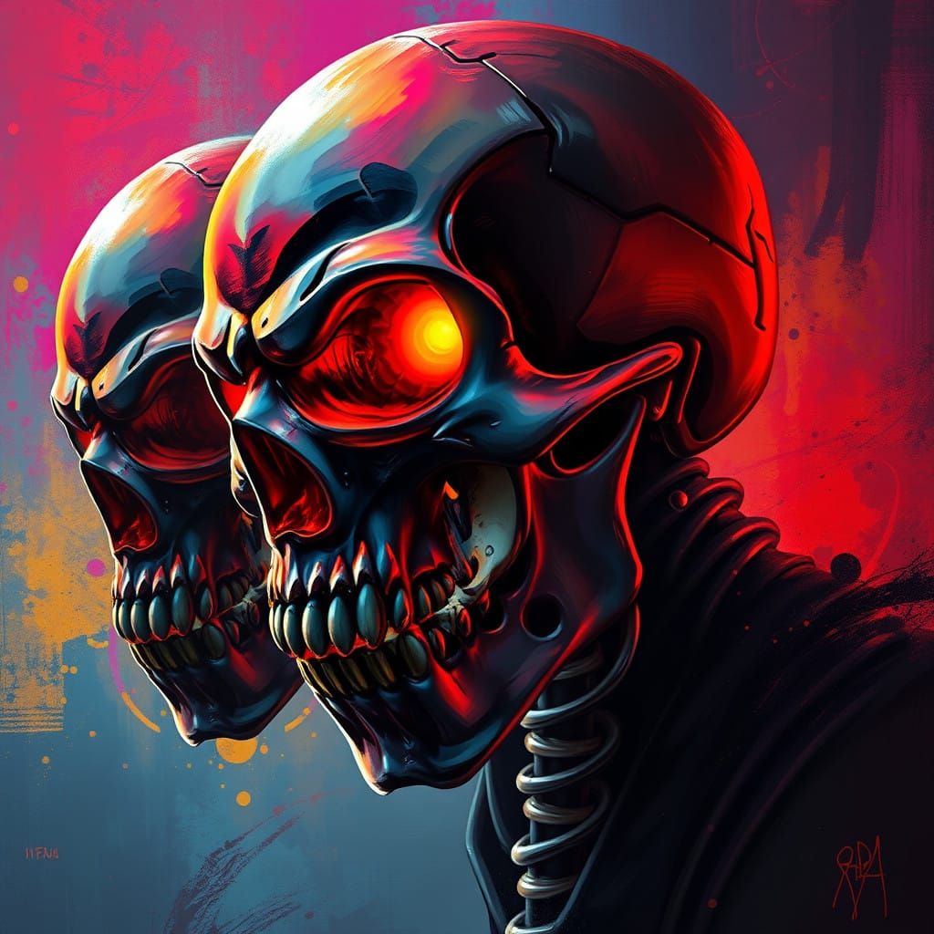 Hyperrealistic Evil Skulls in Eerie, Futuristic Environment