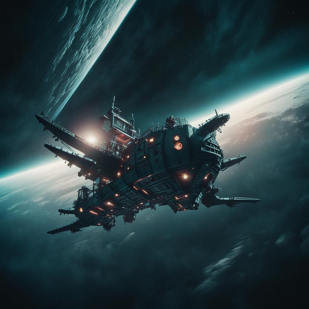 Flying space pirate ship flys in space