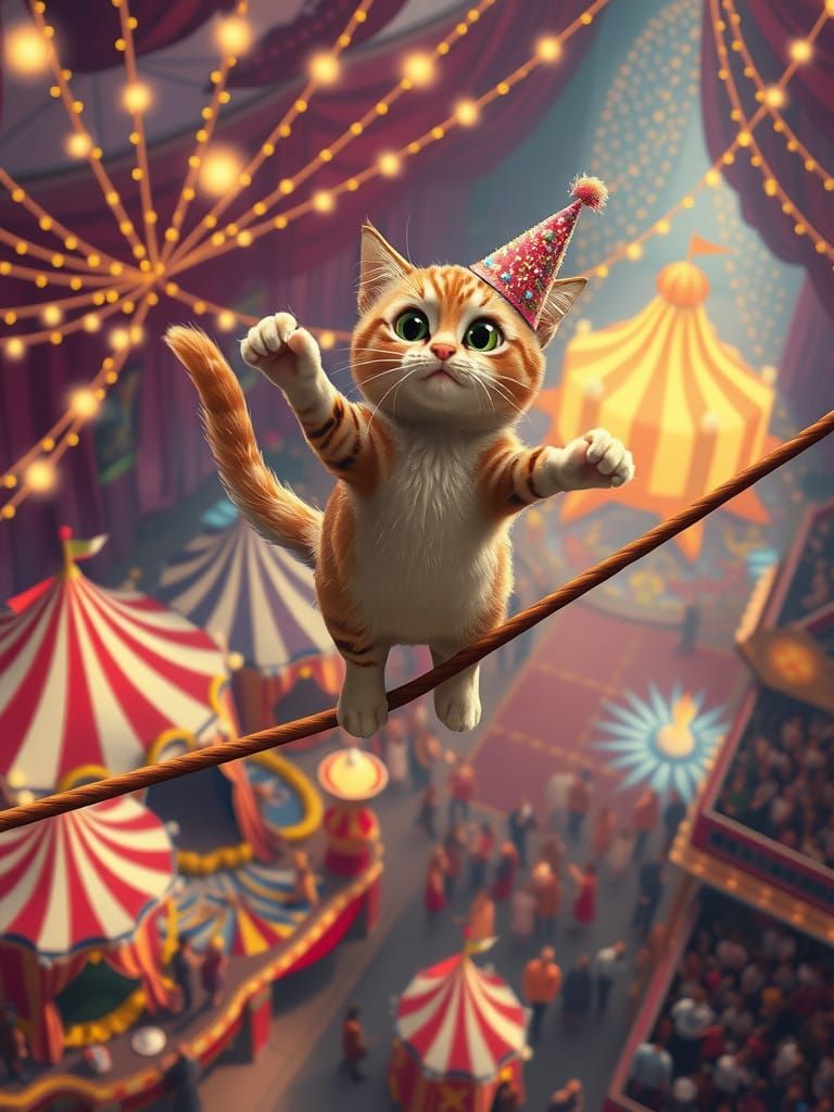 Whimsical Circus Cat Balancing on Tightrope
