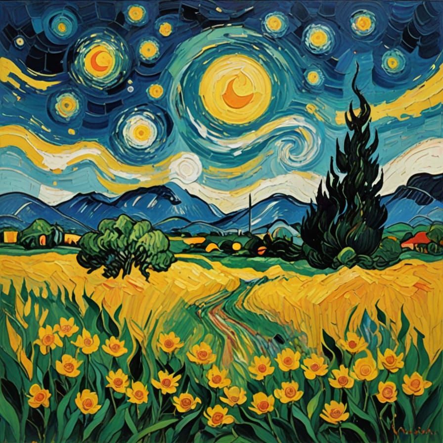 Vibrant Post-Impressionist Landscape Erupts with Swirling Co...