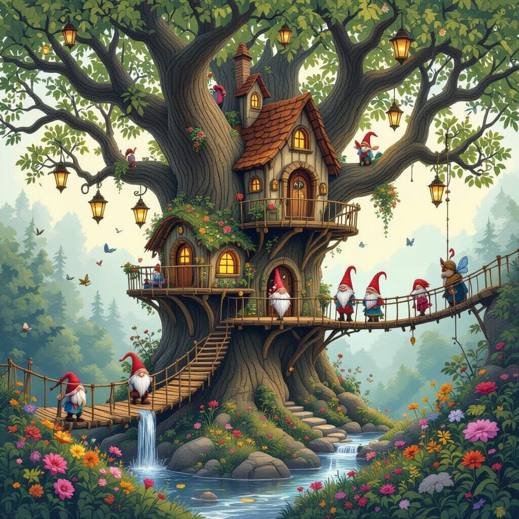 Enchanted Treehouse Village Illustration
