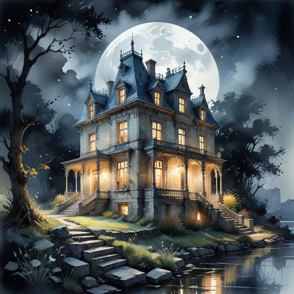 Surreal Victorian Manor Illuminated by Full Moon