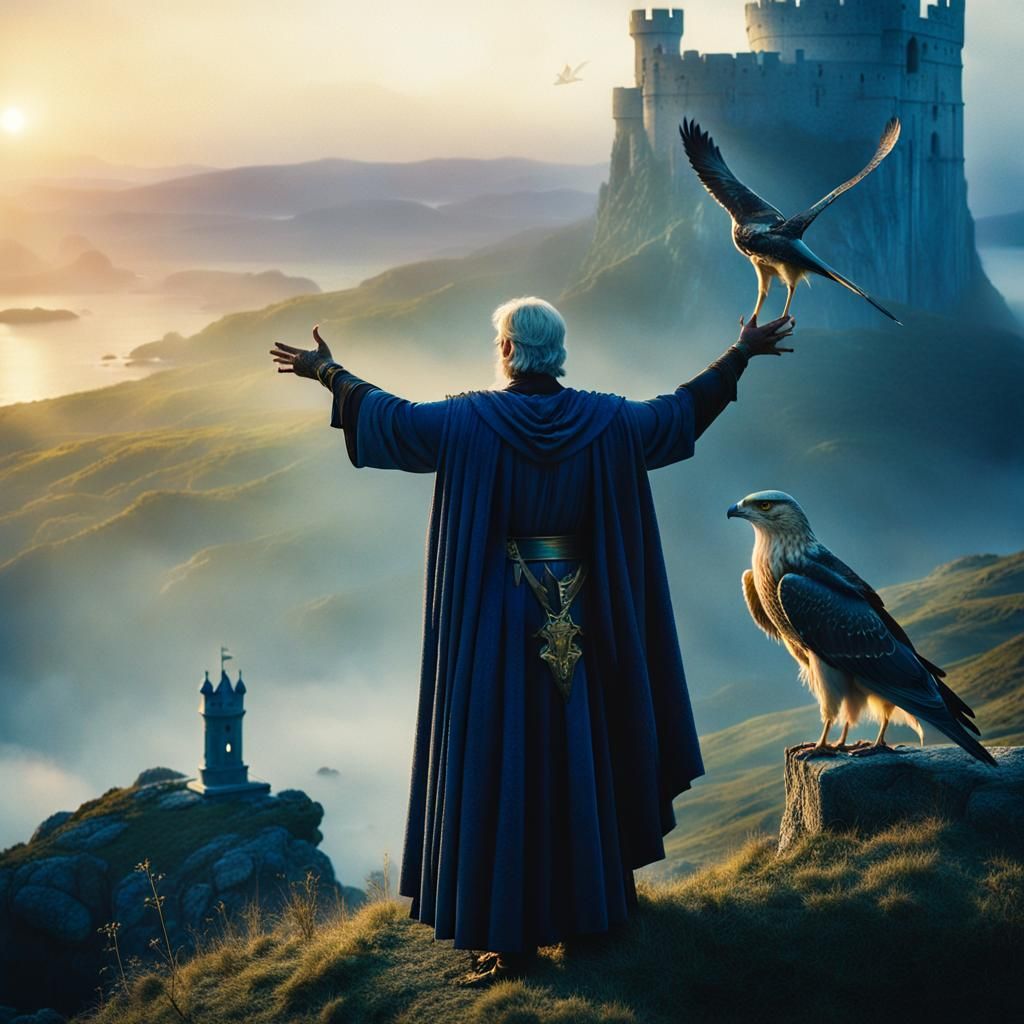 Merlin Teaches Arthur About His Falcon on Avalon