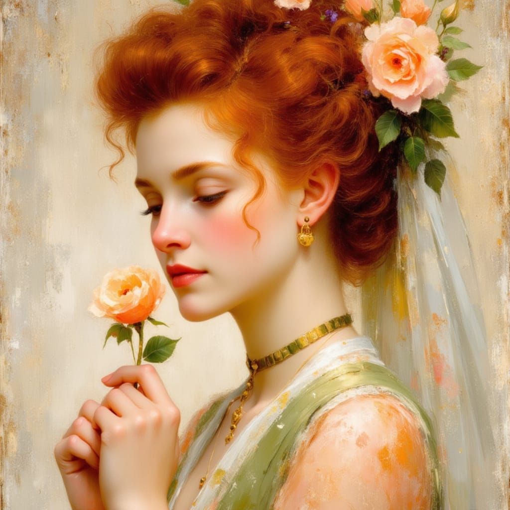 Elegant Woman with Peach Rose in Art Nouveau Style