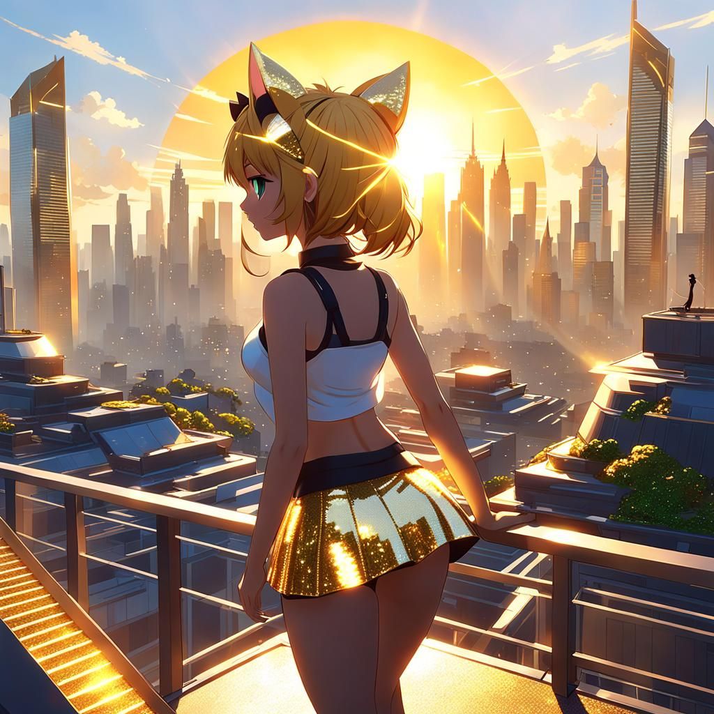 Anime Girl with Cat Ears in Futuristic Cityscape