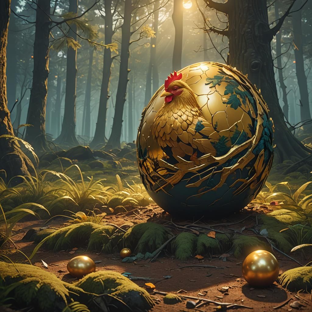 Golden Egg: Mystical Chicken in Fantasy Forest