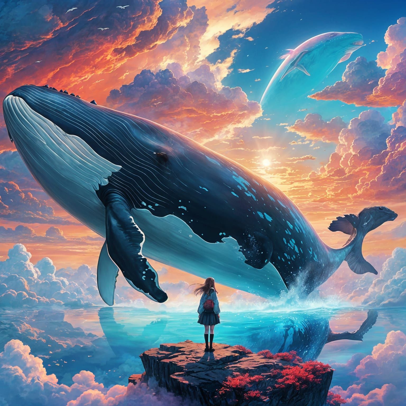 Girl and Whale in Dreamlike Sunset Clouds