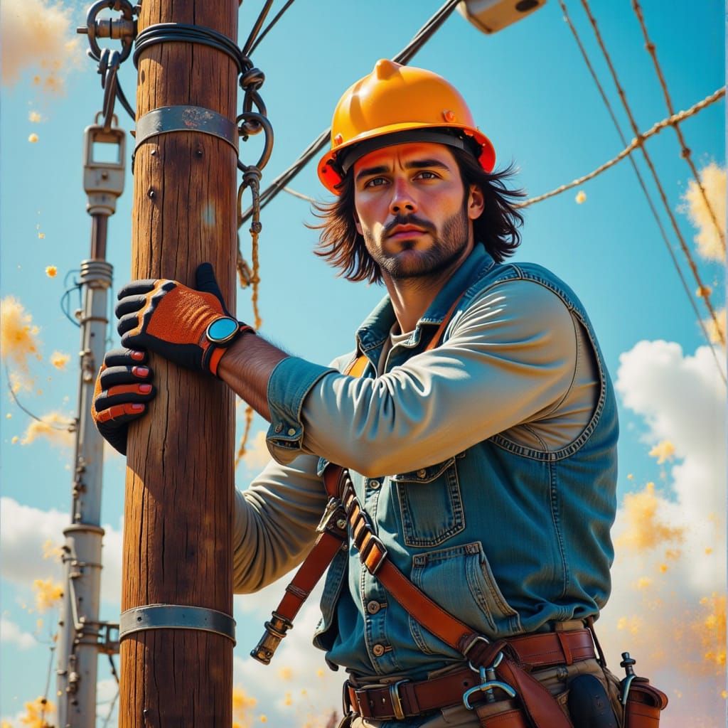 Lineman Ascends Pole in Hyperrealistic Concept Art